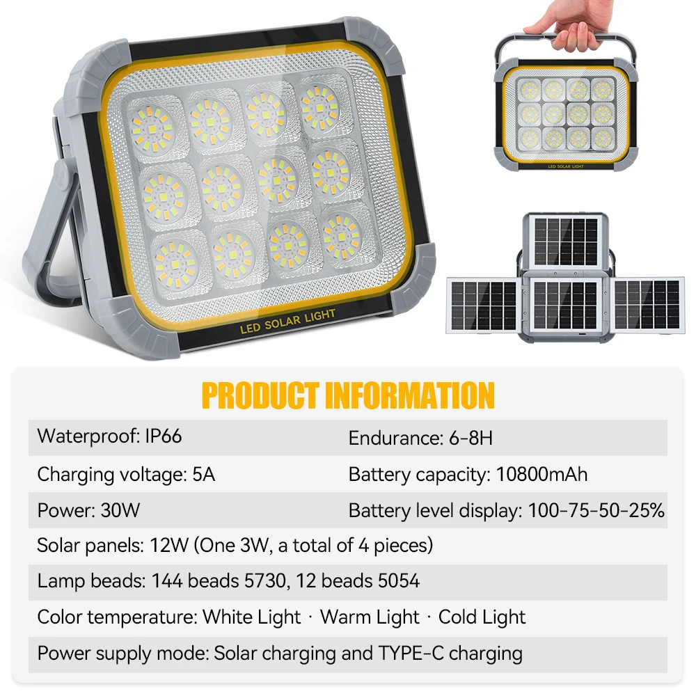 LED Solar Outdoor High Power Portable Handheld Light Strong Rechargeable Light Camping Tent Lamp Work Garden Repair Lighting