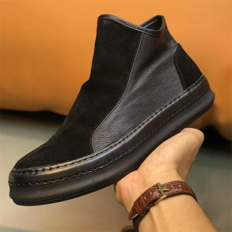 Retro Style Men Ankle Boots Fashion Genuine Leather High Top Casual Shoes Zipper Design Male Chelsea Short Boots Botines Hombre