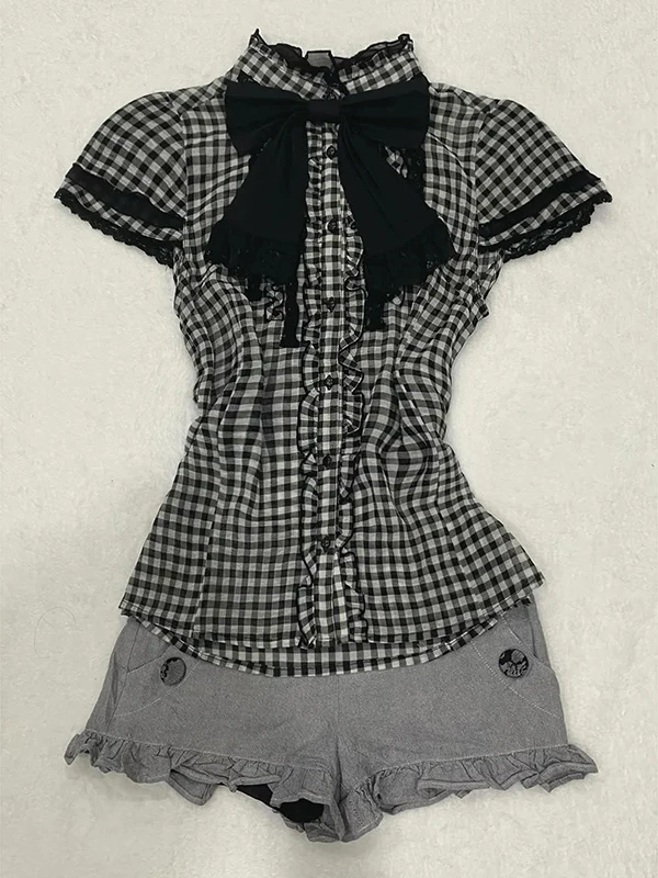 

Black Plaid Short Sleeve Shirt Vintage Summer Women's Fashion Stand Collar Top Cotton Blend Regular Fit Shirt Korean Style