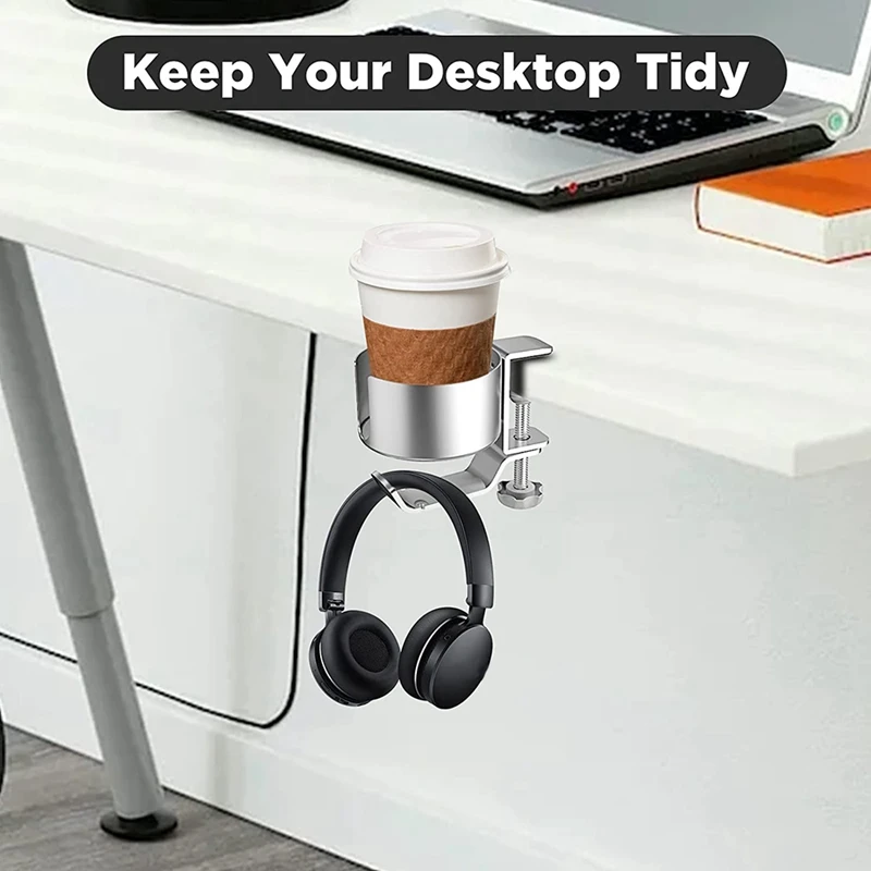 2 In 1 Desk Cup Holder With Headphone Hanger Spill Resistant Cup Holder For Desktop Coffee Cup/Bottle/Earphone