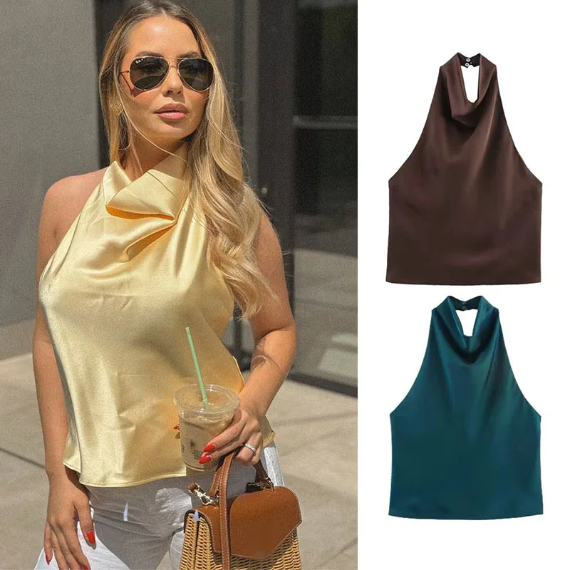 

Женские сексуальные топы-халтеры на бретельках, однотонные, летние, шикарные, уличный стиль, без рукавов, с открытой спиной, элегантные атласные майки-камизолы