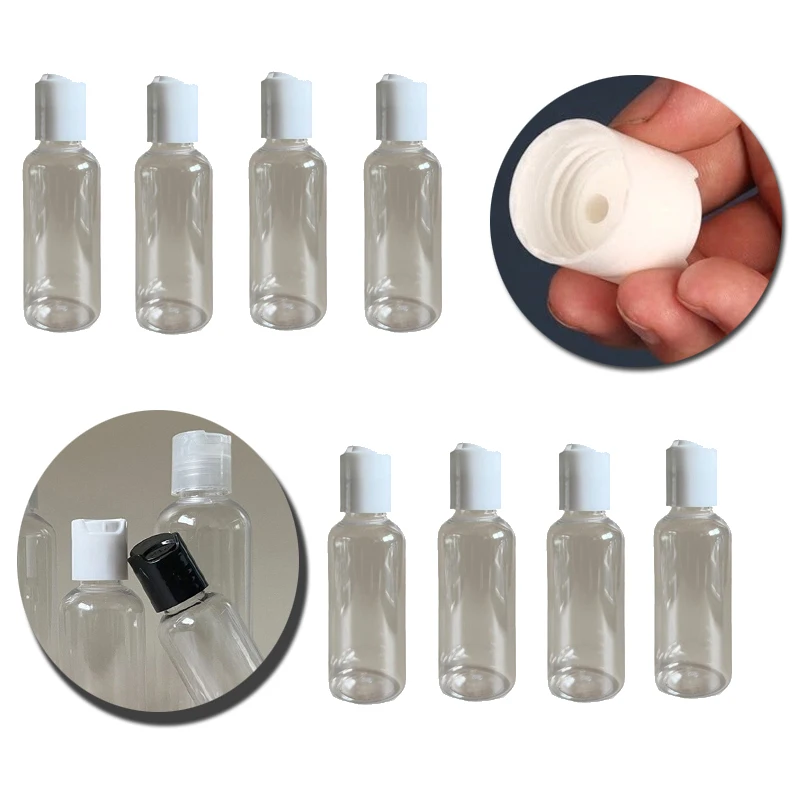 

50 шт. пустых пластиковых флаконов для лосьона и шампуня объемом 30/50/60/100 мл, многоразовые, прозрачные, портативные, для путешествий, с откидной крышкой