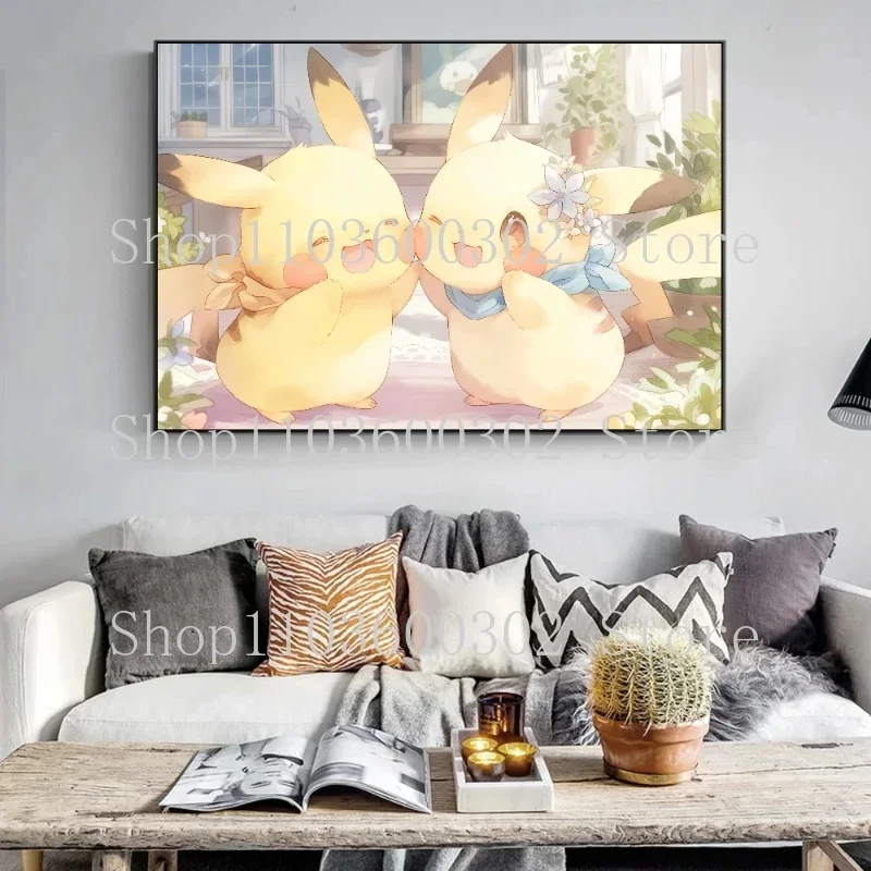 Anime Pokemon Poster Pikachu and Eevee Peripherals Modern Room Decoration Fire-breathing Dragon Painting Wall Children's Gift