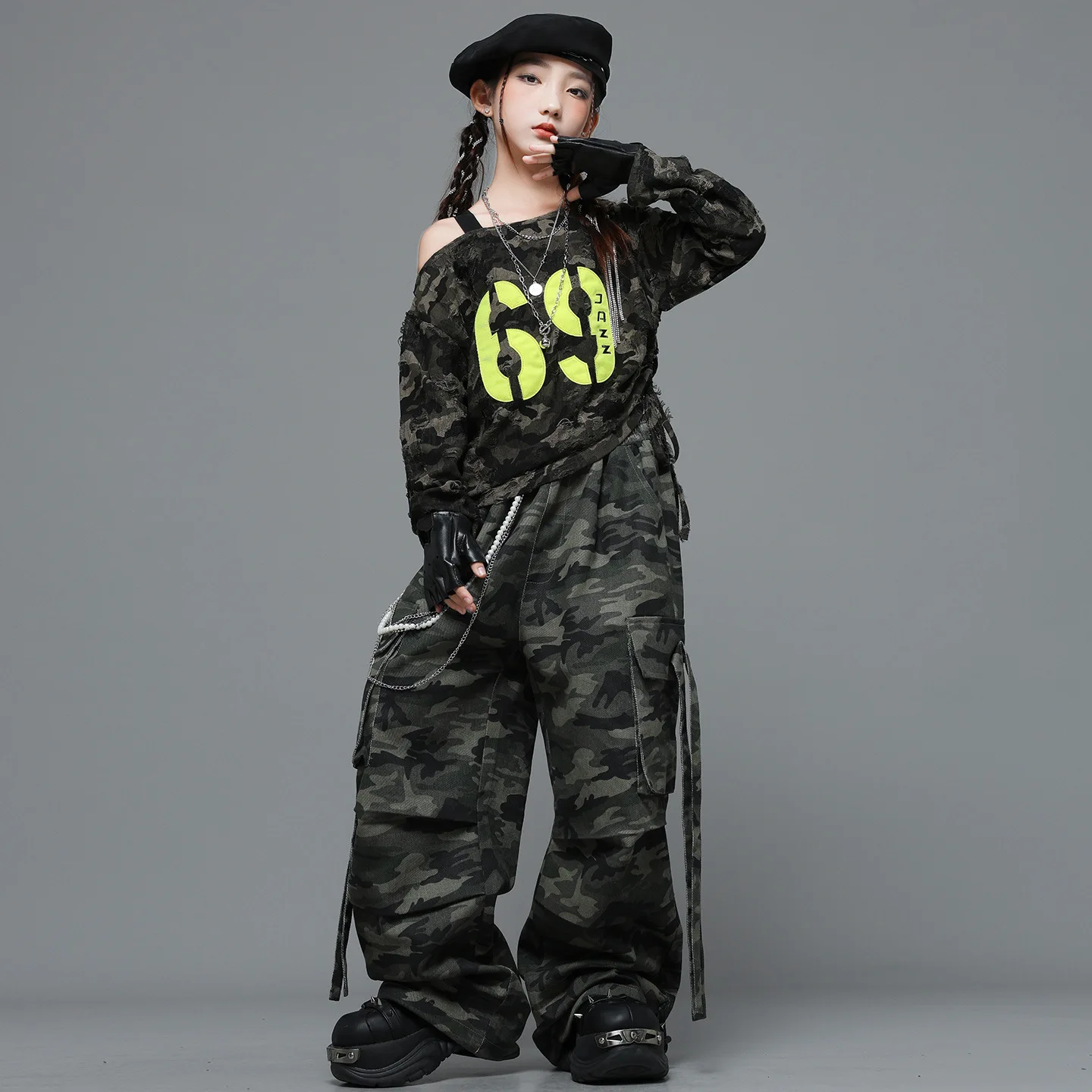 Kids Hip Hop Dance Clothing Camo Strap Ripped Long Sleeve Top Street Parachute Cargo Pants for Boy Girl Group Jazz Dance Costume