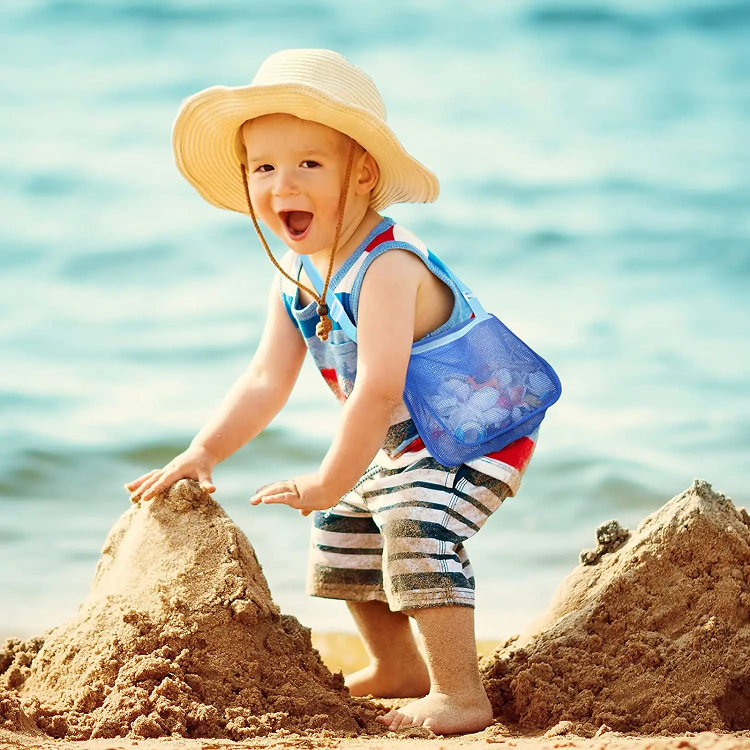 Bolsa de playa de malla para niños, de 10 piezas bolsa de arena, de viaje, para recoger conchas, accesorios de natación