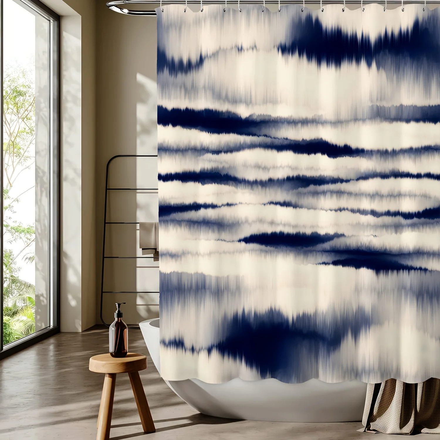 Cortina de ducha de mármol inspirada en acuarela: azul y blanco, poliéster reversible, uso para todas las estaciones, decoración de baño moderna