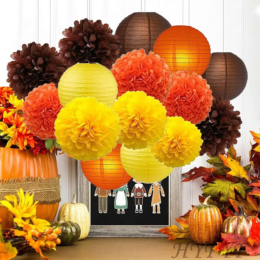 16pcs Yellow Brown Orange Fall Party Decoration Paper Lanterns Paper Flower Set Thanksgiving day, Fall Bohemian Birthday