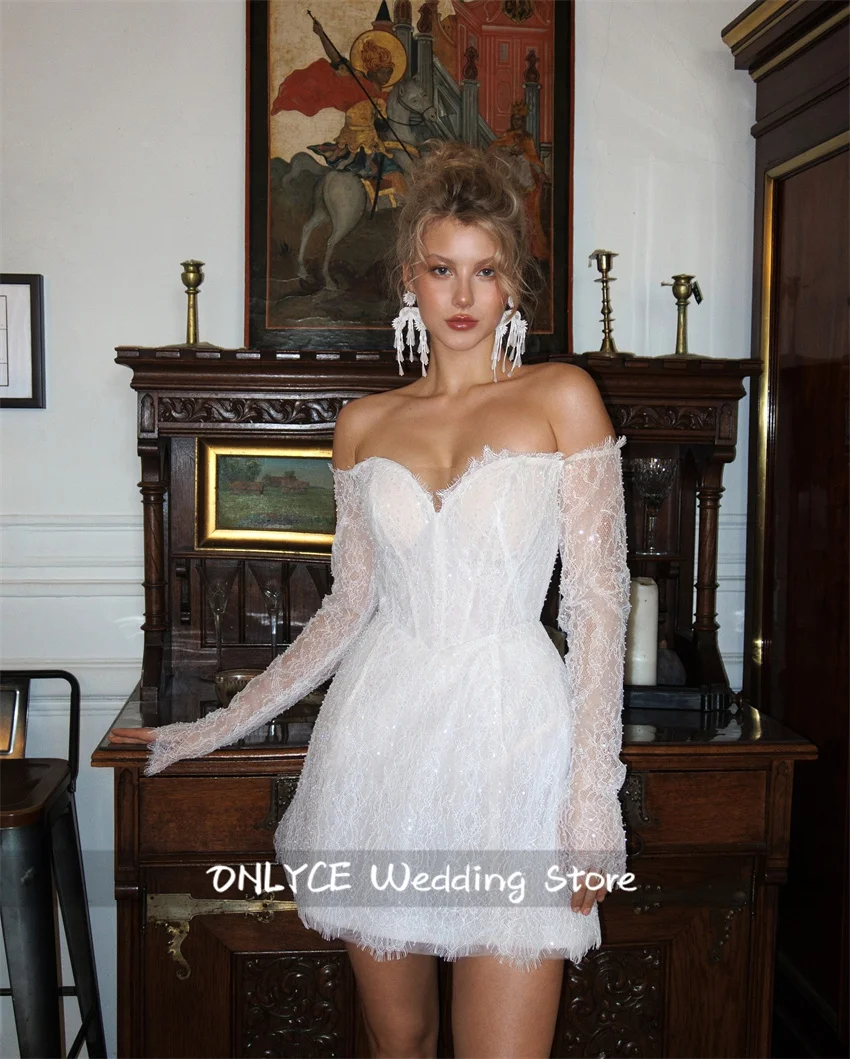 جديد فاخر الدانتيل فستان الزفاف البسيط مثير الحبيب كم طويل زي العرائس خط قصير المشاركة حفلة موسيقية فستان مخصص