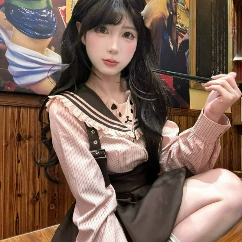 Japanese Kawaii Lolita Style Two-piece Set Women Sweet Lace Ruffles Sailor Collar Tops Slim Strap Skirts Y2k Aesthetic Full Set