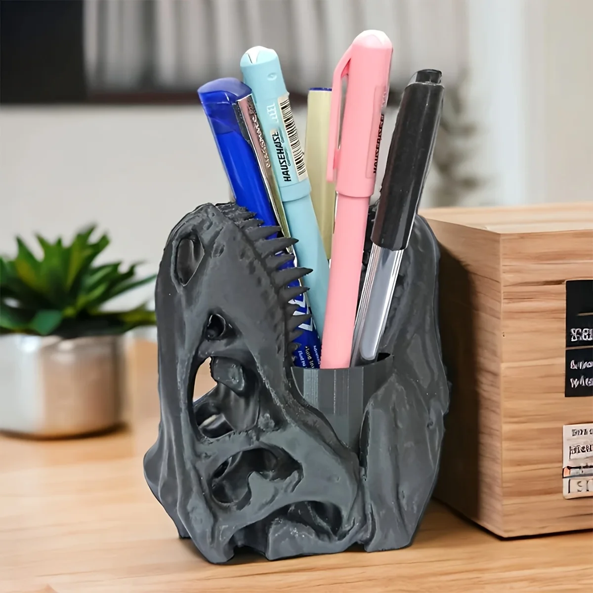 1 Stück Dinosaurier-Totenkopf-Stifthalter, 3D-gedruckt, leicht und tragbar, einzigartiger Desktop-Organizer, geeignet für Halloween, Weihnachten