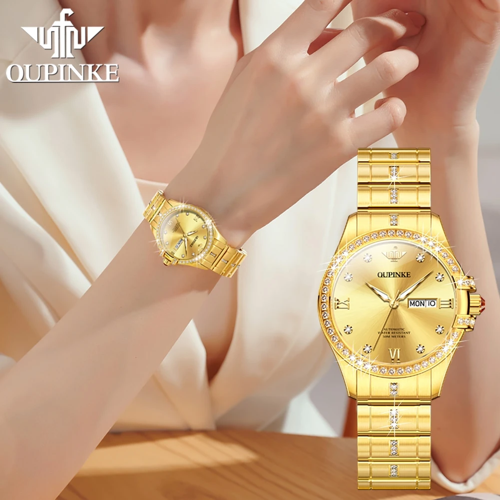 OUPINKE 3195 Luxury Diamond Gold Womens Watches Automatic Mechanical Wrist Watch For Women Waterproof Stainless Steel Strap