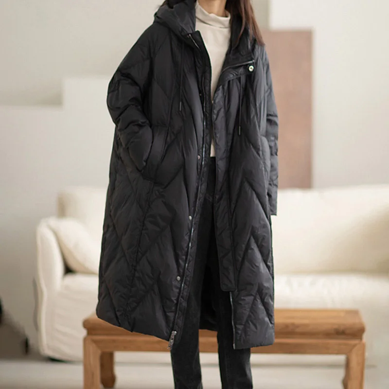 Women 90% White Duck Down Long Jacket with Hood Casual Loose Over Size Winter Warm Outwear High Quality