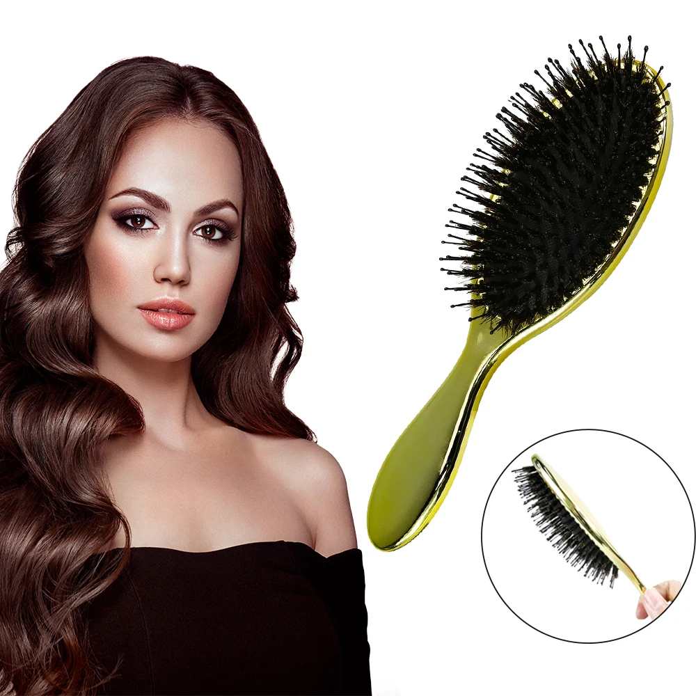 

Luxury Gold And Silver Color Boar Bristle Paddle Hair Brush Oval Hair Brush Anti Static Hair Comb Hairdressing Massage Comb