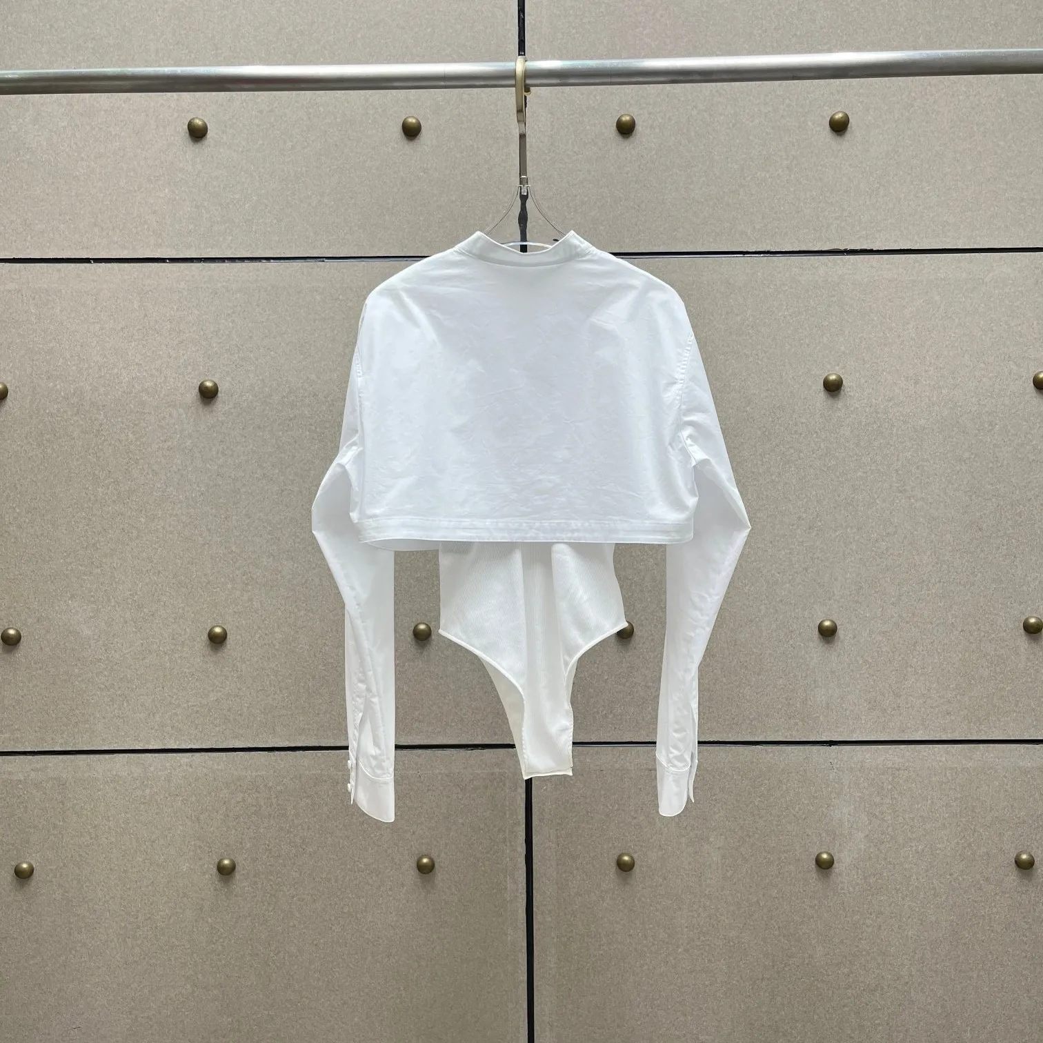 2026 Early Spring Women's White Two-Piece Paneled Bodysuit | Stand Collar, Cropped Shirt Overlay & Long Sleeves
