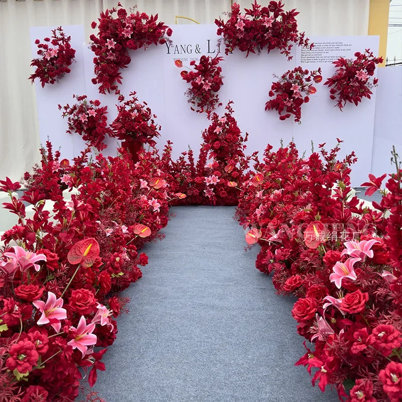 100CM Red Lily and Rose Bouquet Wedding Decoration Artificial Flower Arrangement Wedding Background Decoration