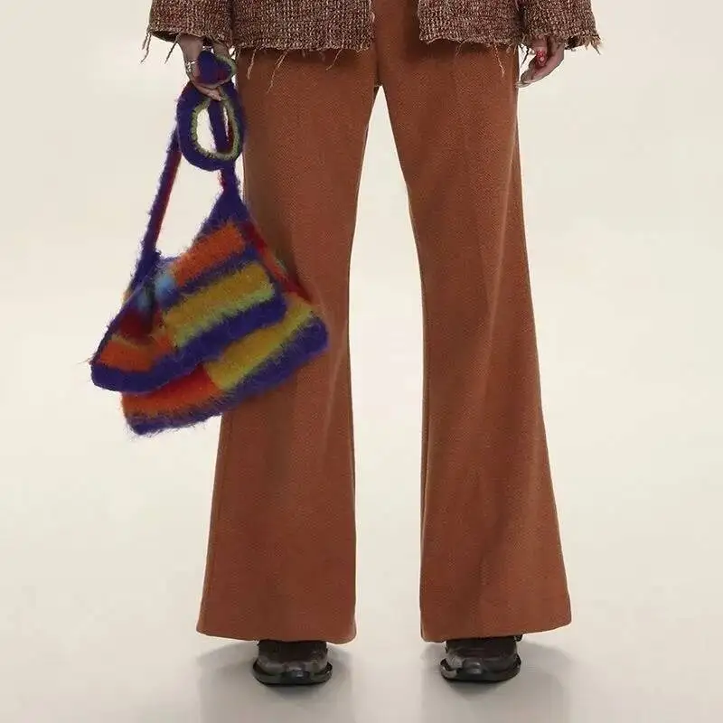 Contrast Color Rainbow Striped Women Handbags Vintage Knitted Chic Shoulder Bag Sweet Kawaii Y2k Aesthetic Crossbody Bags Korean