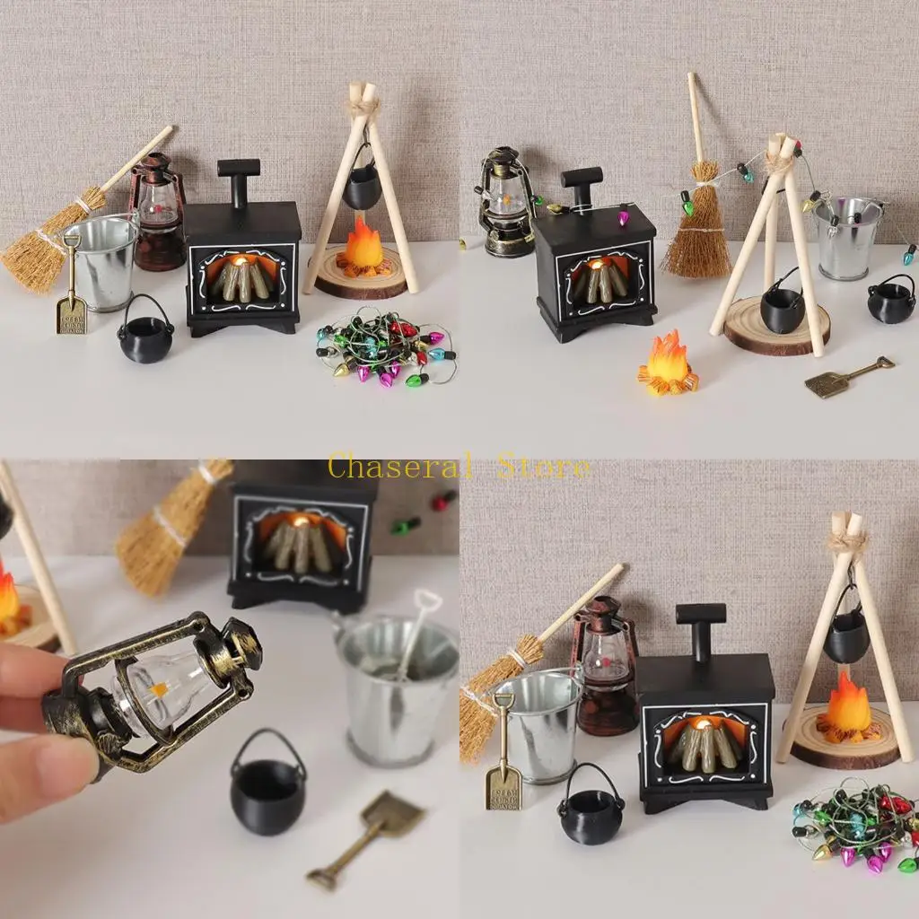 E7CE Tiny Camping Hearth Display Model For With Mini Broom Lantern Decorations