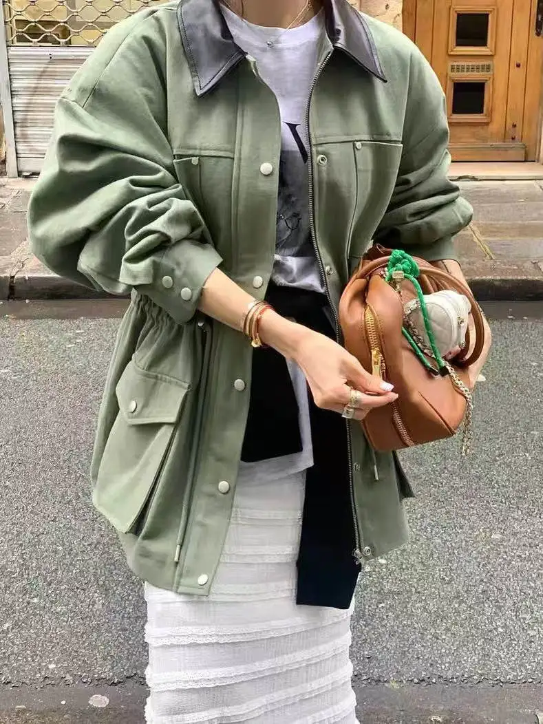 

Korean Sle Color Blo Long Women's Windbreaker Spring Autumn Corduroy irt Collar Coat Big ket Design Slimming Effect