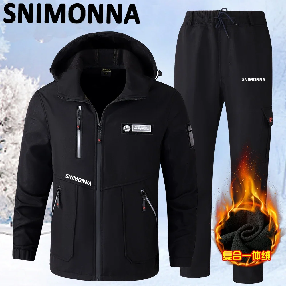 Men Winter Plus Velvet Thicken Fishing Suits, Outdoor Windproof Warm Hooded Jacket, Waterproof Tactical Pants, Ski Clothes