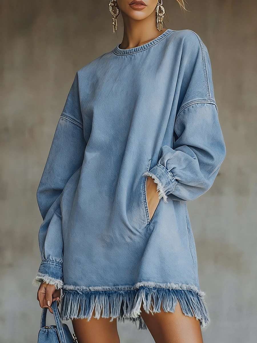 Modisches Retro-Denim-Minikleid mit Rundhalsausschnitt, Laternenärmeln, Taschen und Quasten, High-Street-Stil, Locker Geschnitten, Blau, Frühling-Herbst-Partykleid