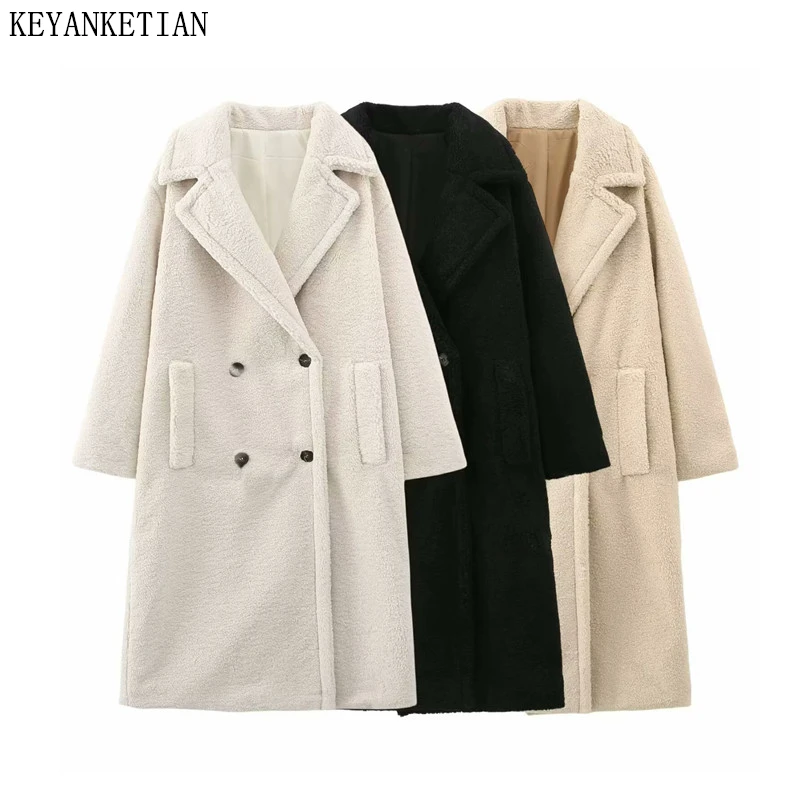 

KEYANKETIAN 2025 зимнее новое женское двубортное пальто с плюшевым мишкой, просто толстая теплая свободная флисовая верхняя одежда, длинное пальто, топ