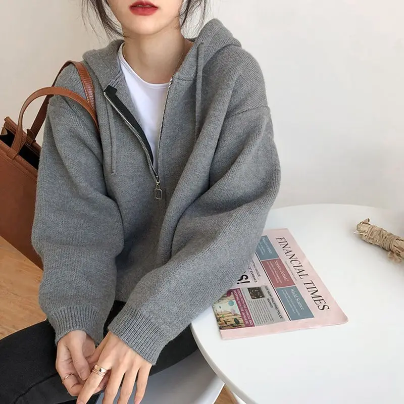 Trendy Korean Style Personalized Hooded Knitted Fir Sweatshirt Women Loose Lazy Style Korean Solid Color Y2k Sweater Jacket Top