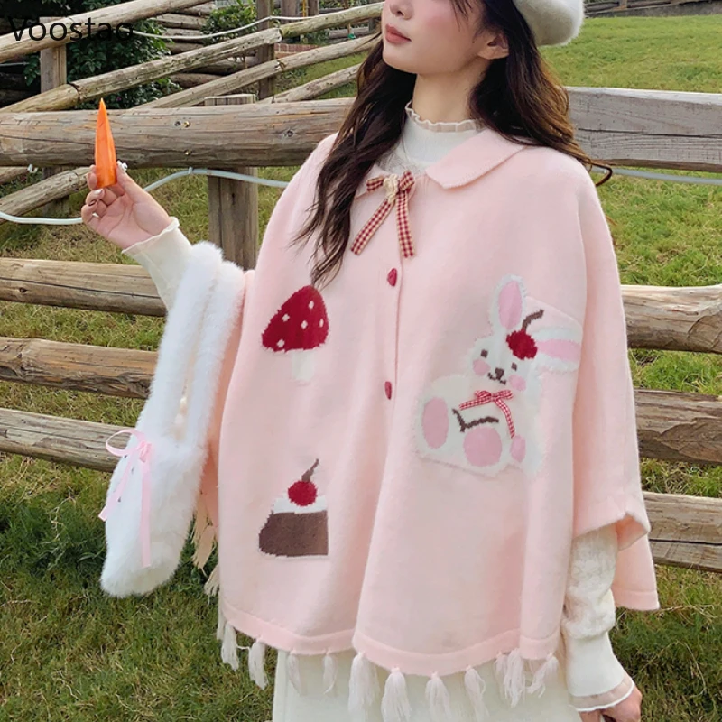 Preppy Style Sweet Lolita Knitted Cardigan Cloak Women Autumn Winter Cute Cartoon Bunny Tassels Loose Sweater Shawl Kawaii Coat