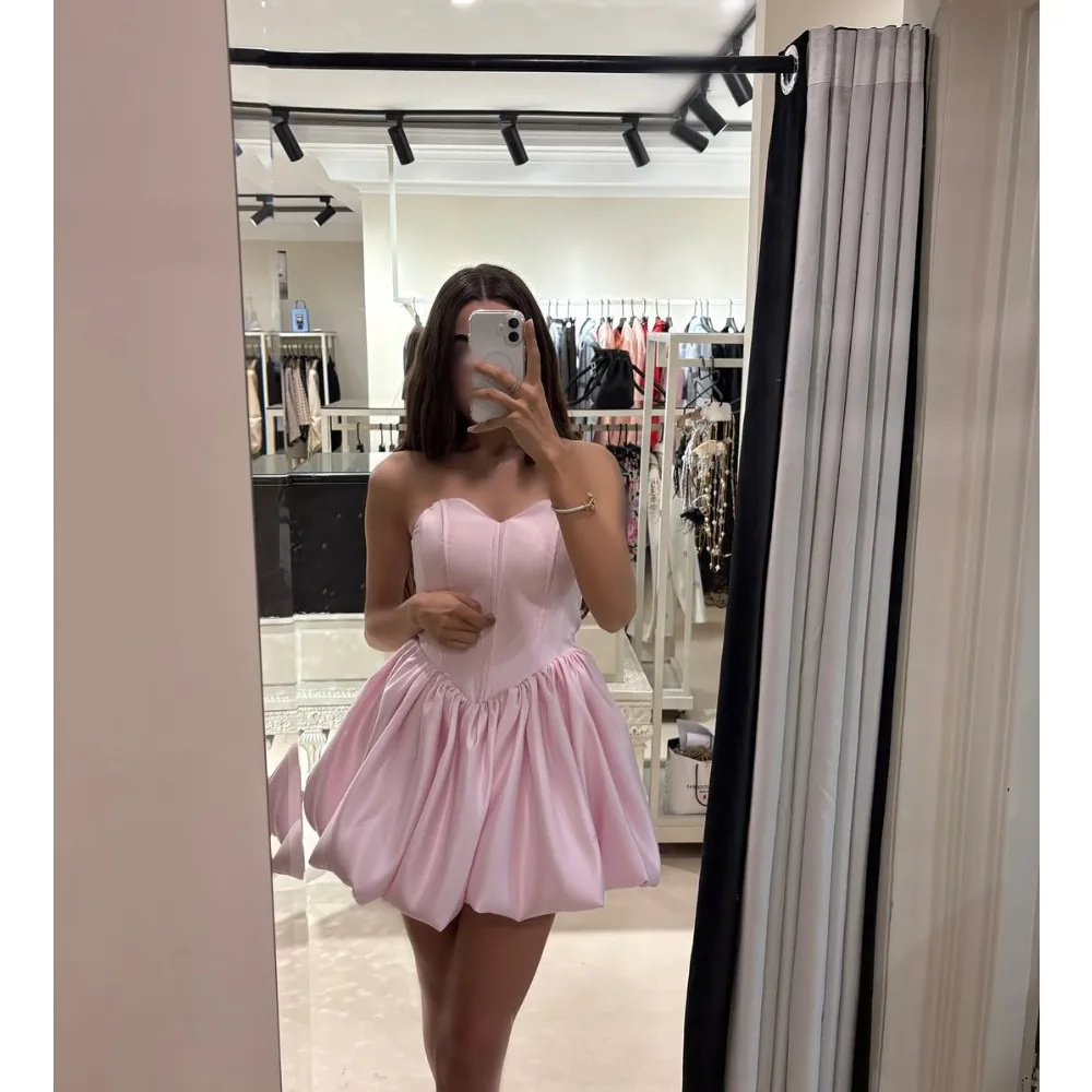 

Customized Puffy Evening Gown Pleated Ruched Pink Women Elegant Mini Party Draped Backless Sleeveless Luxury Evening Dresses