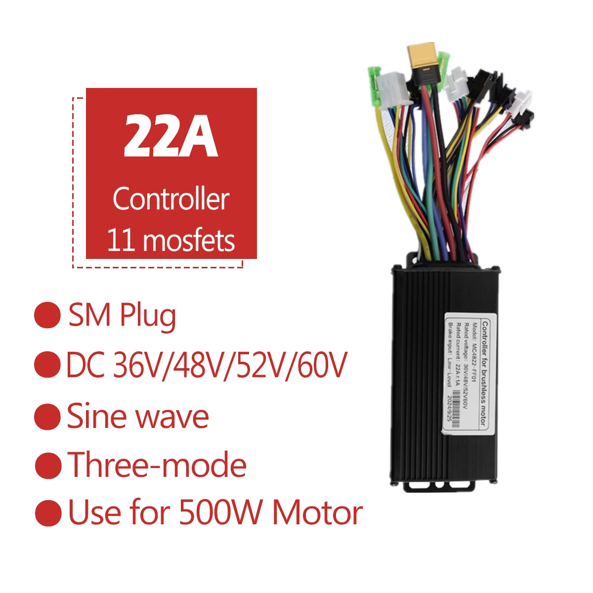 36V/48V/52V/60V Electric Bicycle Sine Wave Controller 22A 500W Three Mode Brushless Controller For Tricycle Ebike E-Scooter Part