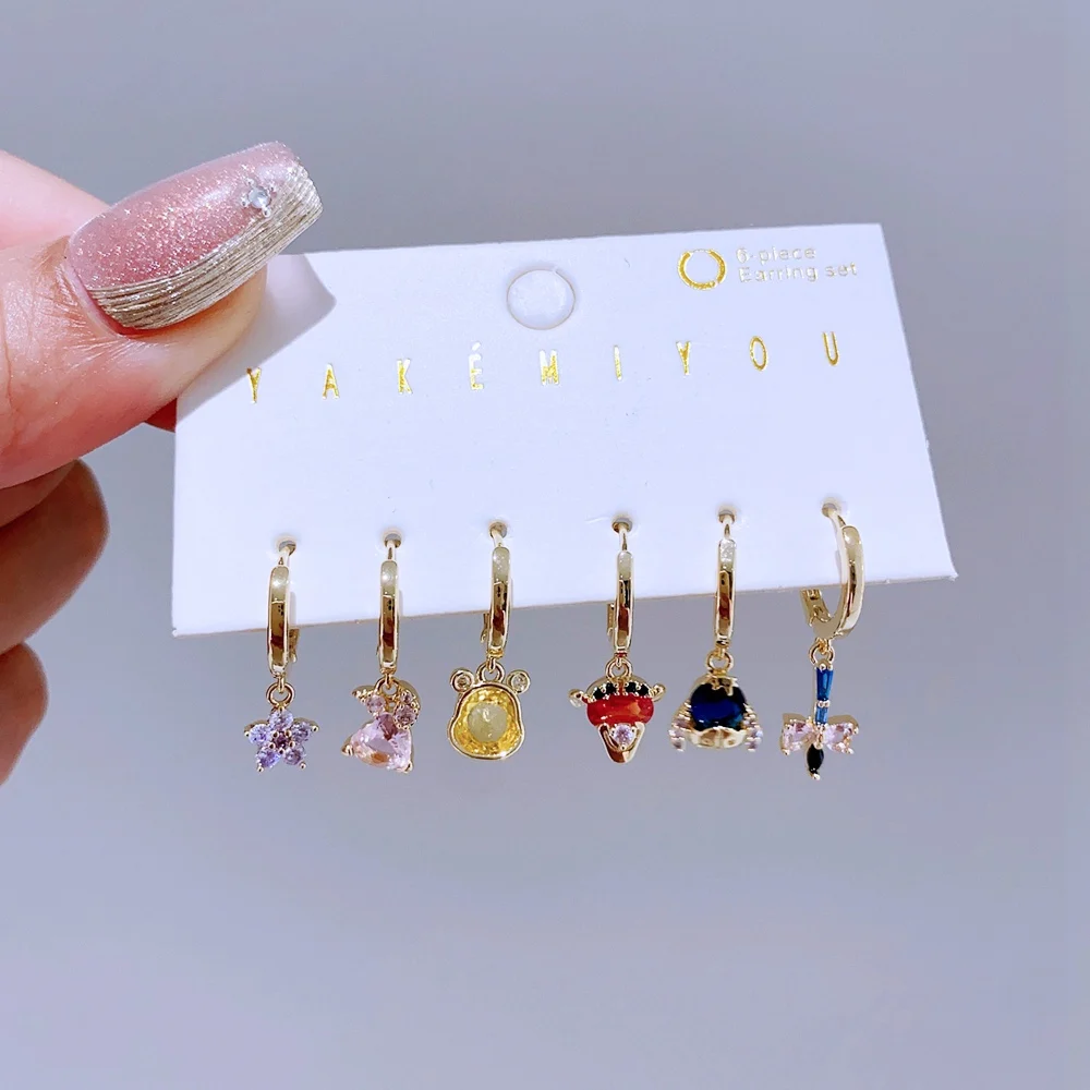 1 SET Muiticolor Cubic Zirconia Sweet Cartoon Animals Huggie Hoop Earrings for Women Girls Gold Color Jewelry