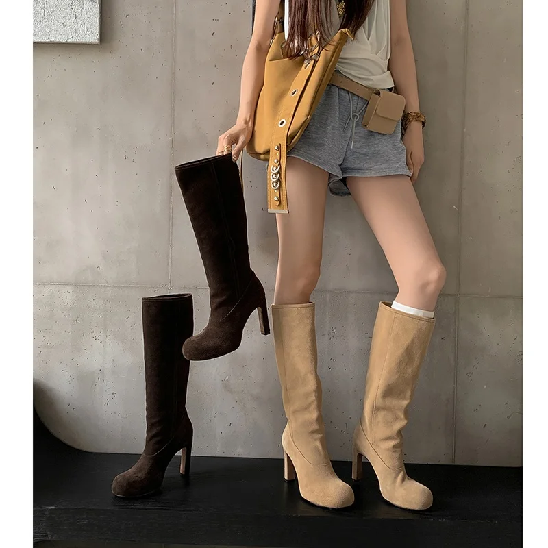 MKKHOU Women Round‑Toe Suede Knee‑High Boots Chunky Block Heel Pull‑On Fall Winter Tall Dress Long Boots Women