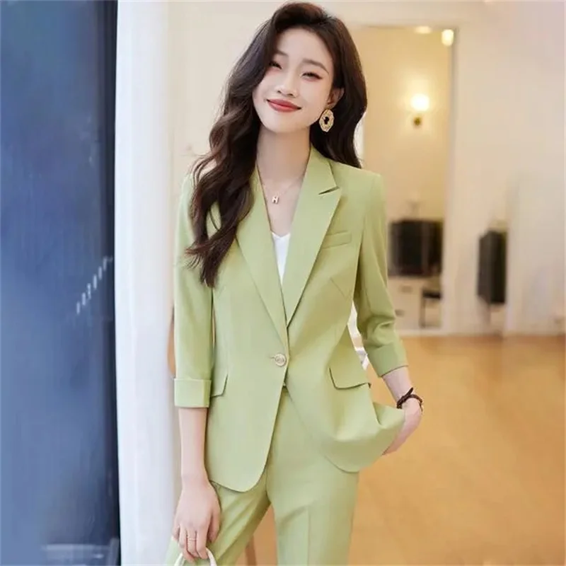 

Women Elegant Office Wear Blazer 2025 Fashion Notched Lapel 3/4 Sleeve Casual Suits Korean Autumn Commute Leisure Blazer