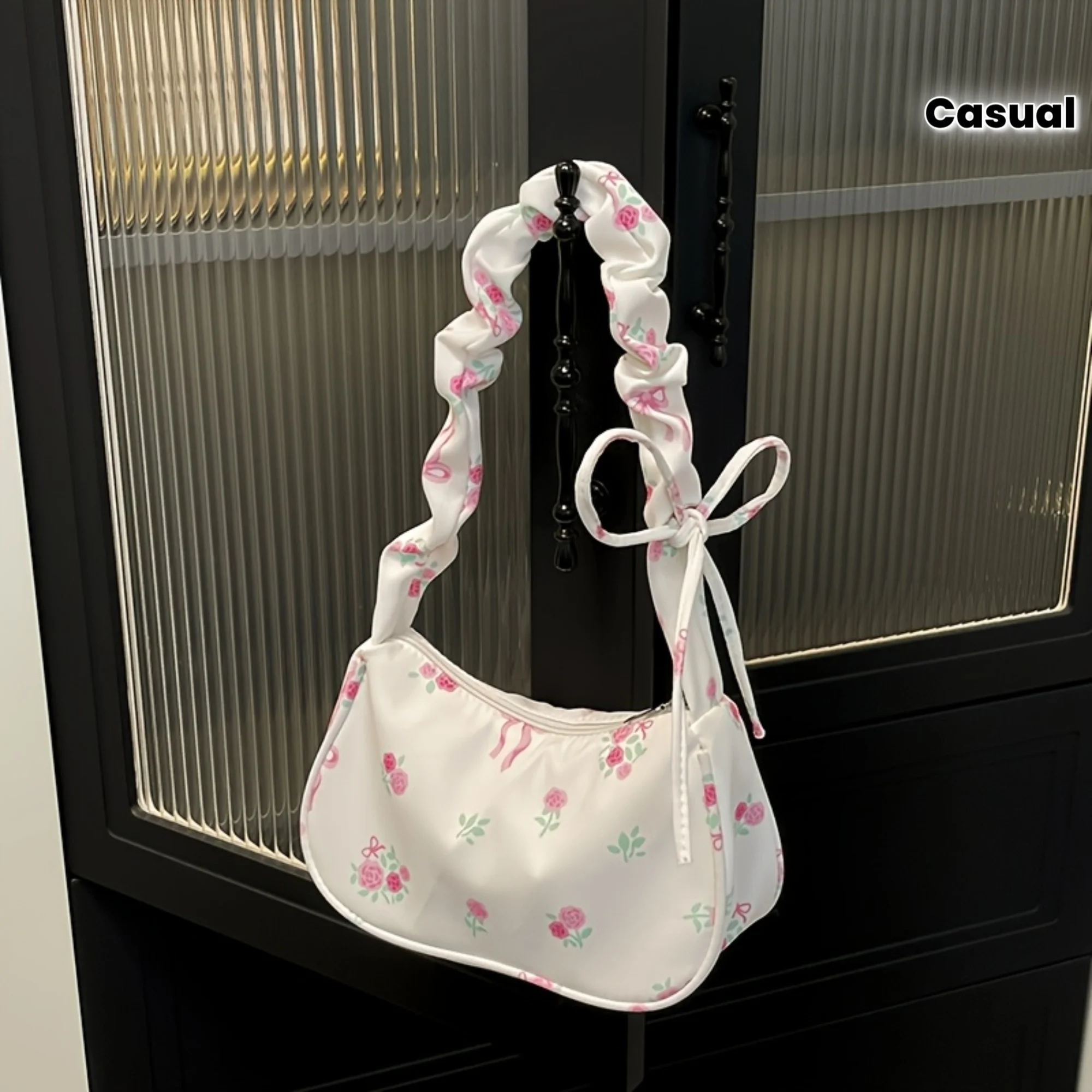 Women's Shoulder Bag, Pink Floral Print, Bow Decoration, Adjustable Shoulder Strap, Zipper Closure, Lightweight Material, Smooth Texture, Multi-Purpose for Shoulder, Crossbody, and Hand Carry, Suitable for Commuting, Travel, and Daily Use, Available in White/Black, Women's Crossbody Bag