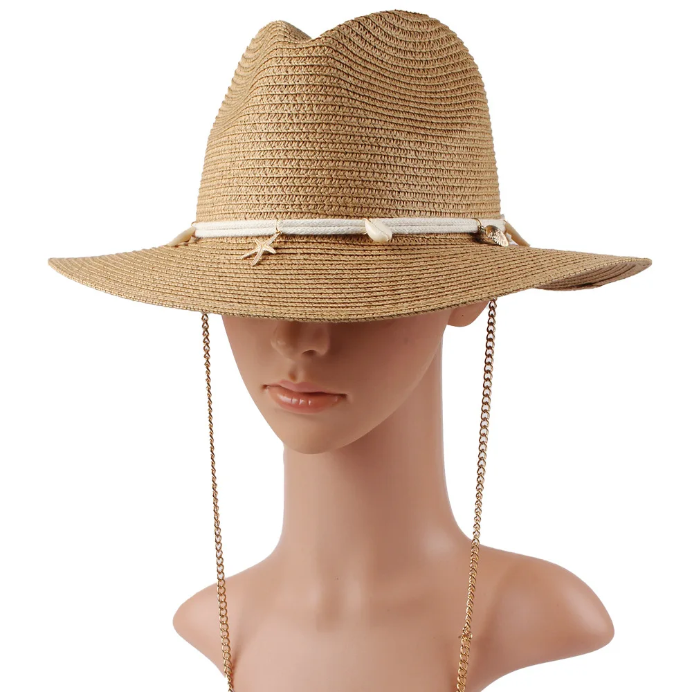 Women's Spring/summer Paper Straw Braid Hat With Chain Chin Strap 2 Set Of Panama Hats And Casual Hats
