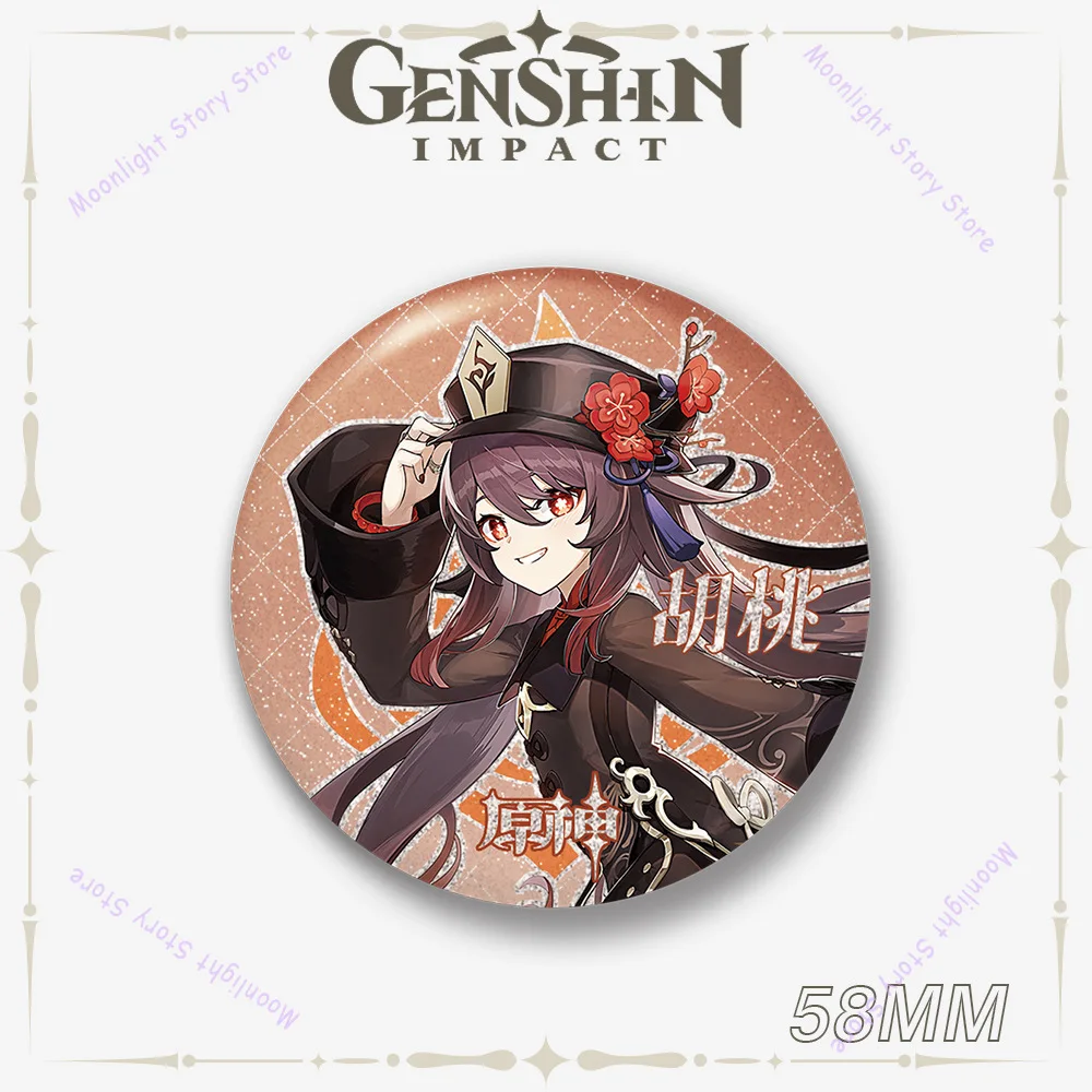 Genshin Impact 58MM Abzeichen für Rucksack Hut Jacke Dekoration Raiden Shogun Hu Tao Zhongli Anhänger für Fans Modeschmuck