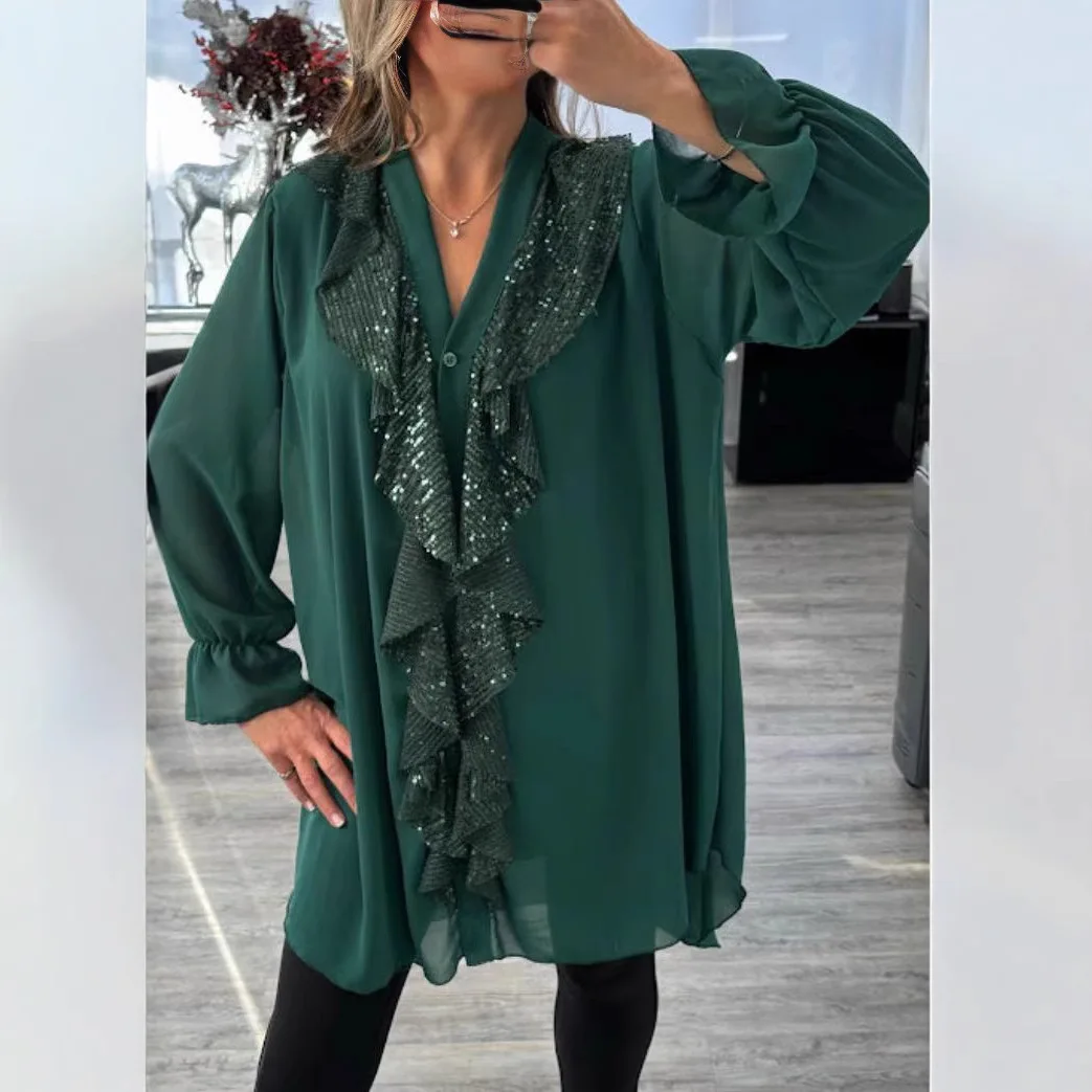 

Женская блузка с длинными рукавами и v-образным вырезом, блестками и рюшами в стиле пэчворк спереди, верхняя рубашка, весенняя мода 2024, черный, красный, зеленый