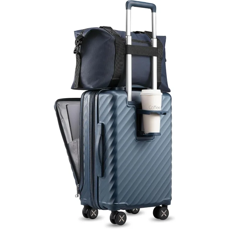 قم بحمل الأمتعة مع حجرة وحامل أكواب، وحقيبة صلبة قابلة للتوسيع مع جيب أمامي