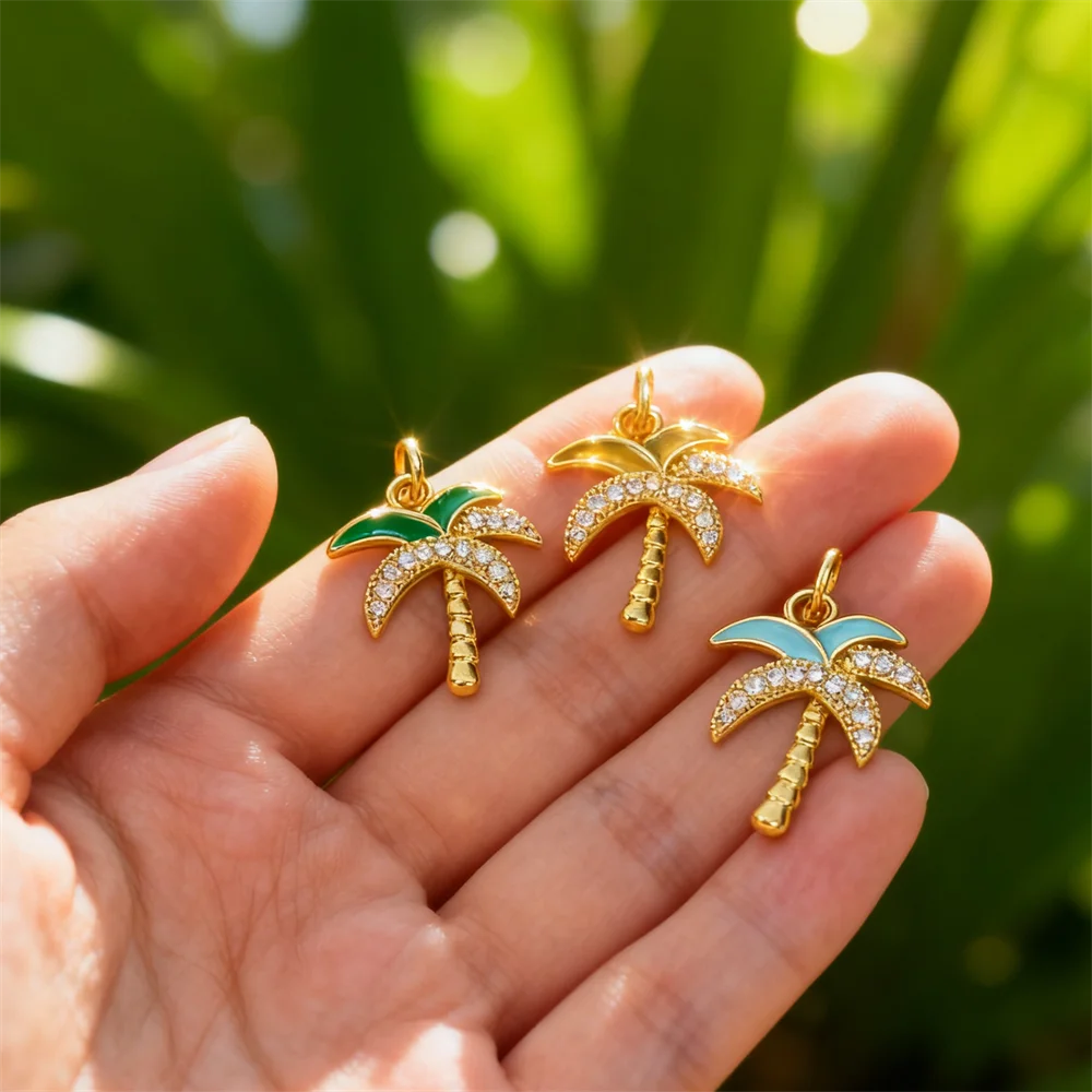 

5Pcs Pendants Brass Enamel Coconut Tree Style Charms Cubic Zircon for DIY Jewelry Necklace Bracelet Party Daily Wear Accessories