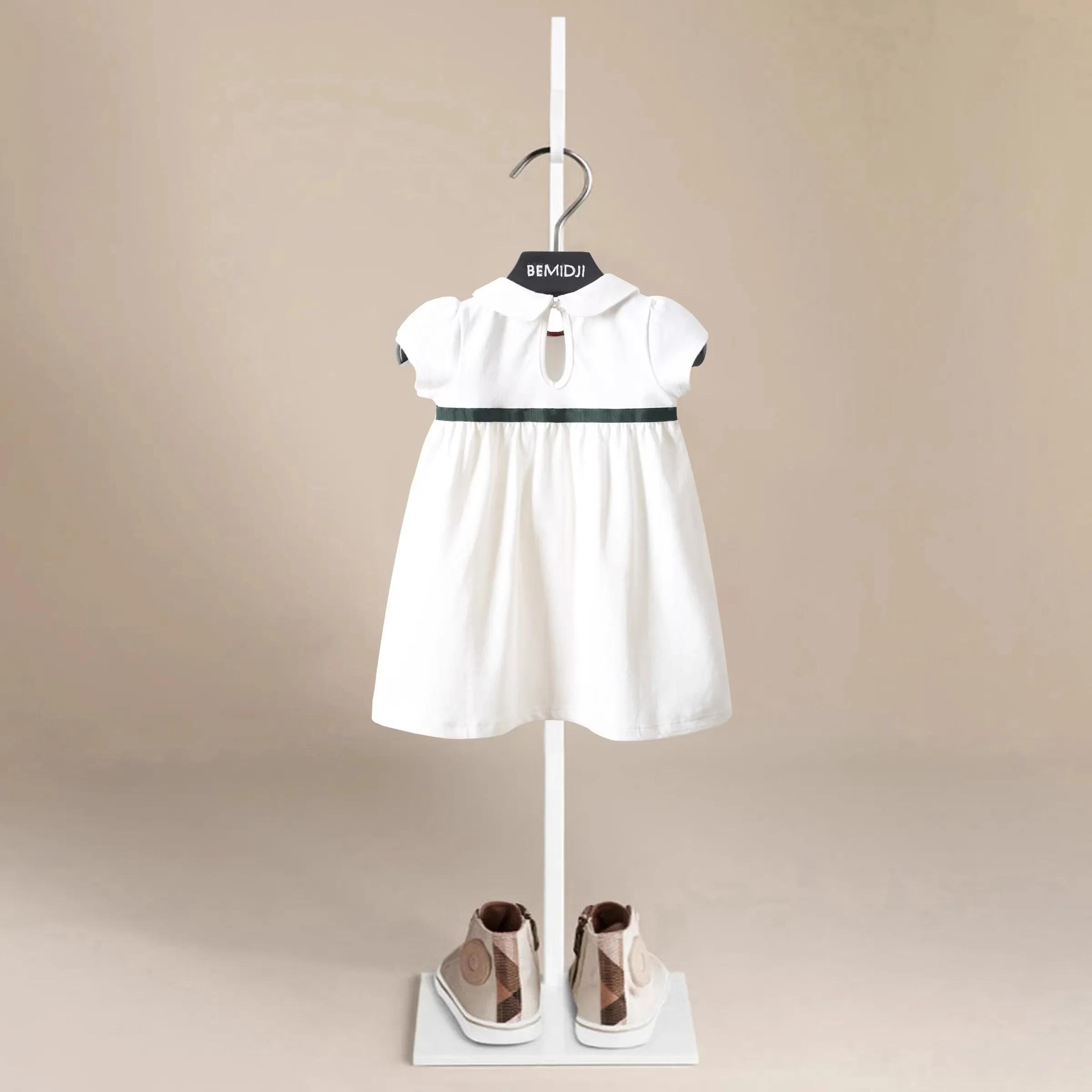 Summer New Style Short Sleeve  Loose Cotton Girls Dress with Ribbon Bow on Chest Simple Casual Style Big Girls Kids Clothes