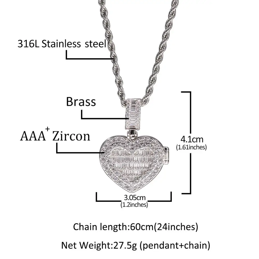 Uwin Heart Clamshell Custom Photo Necklace Men Charm HipHop Bling Iced Out Jewelry Solid back For Gift Tennis Chain