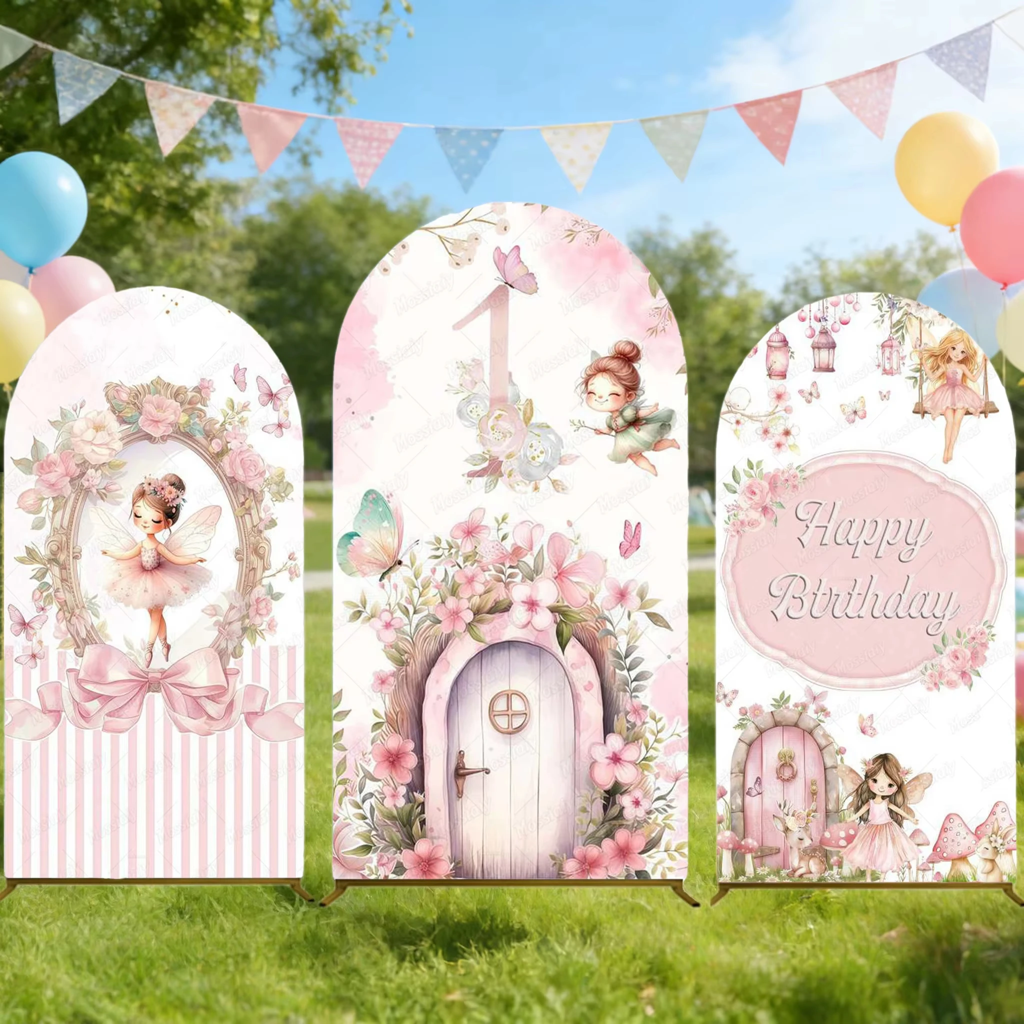 Pink Floral Butterfly Fairy Wooden House Arch Backdrop Cover Girls 1st Birthday Party Baby Shower Decor Arched Wall Background