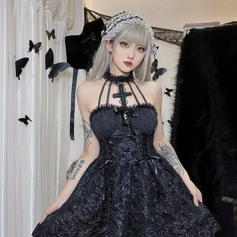 Goth Dark Mall Gothic Cosplay Jacquard Dresses Elegant Grunge Ruched Bandage Partywear Punk Black Women Halloween Party Dress