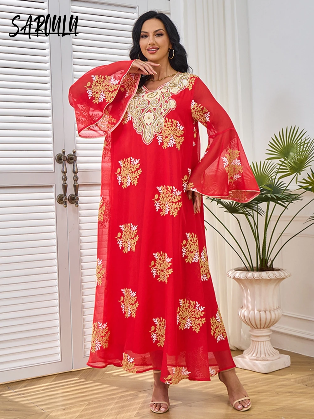 Red Dubai Embroidery A Line Evening Dress Elegant Lace O Neck Party Wear Fashionable Kaftan Customized In Stock Prom Gown