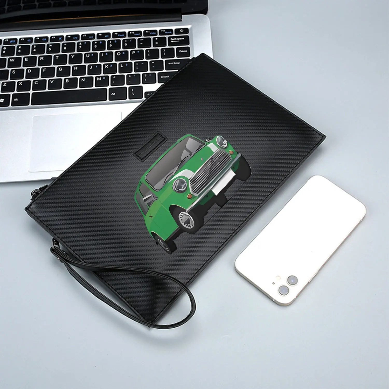 Borsa da uomo in PU stampato elegante con design frontale piccolo per auto d'epoca verde Alla moda e pratica per il trasporto quotidiano