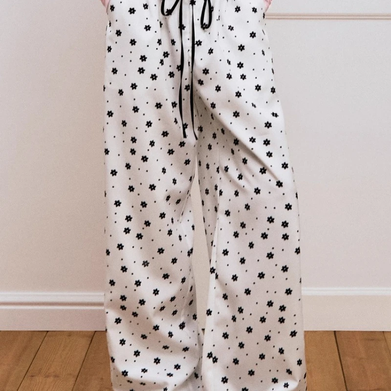 Original Mid-Low Waist Polka Dot Floral Women's Trousers Summer New Color-Block Loose Light And Thin Wide-Leg Long Pants Ladies