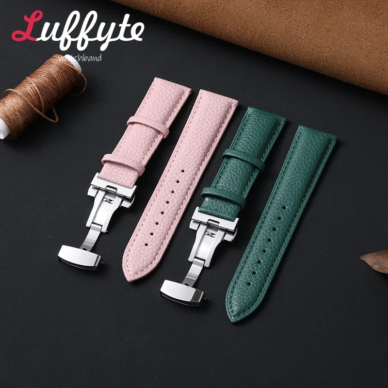 Business Butterfly Buckle Watch Accessories 18/20/22mm Universal Replacement Watch Band with Gift Packing Box Leather Watch Band
