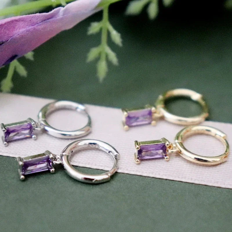 925 Sterling Silver Ear Needle Beautiful Purple Zircon Earrings Hoop Earrings Crystal Pendant Earring Fashion Wedding Jewelry