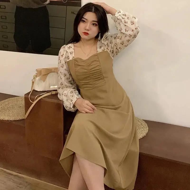 Large Size Women Corset Spring New Long Sleeves Floral Square Neck Puff Sleeve Patchwork Women Comfortable Affordable Dress