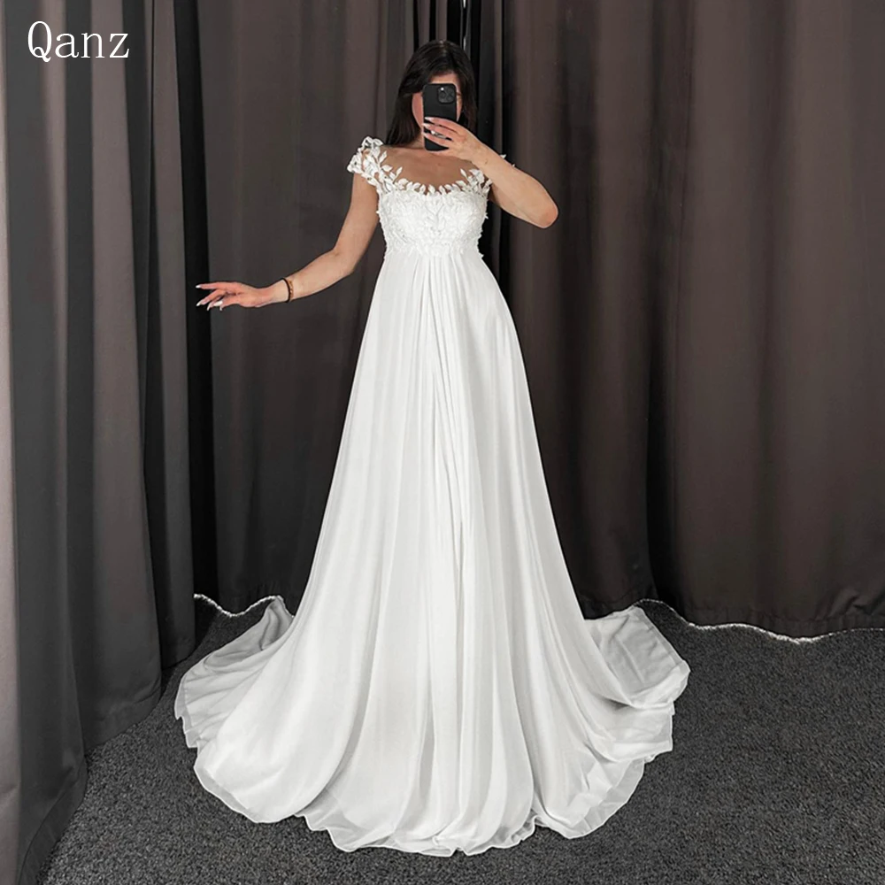 

Qanz Bohemian A Line Chiffon Wedding Dresses Scoop Neck Short Sleeves Appliques For Women Bridal Gown Train Vestidos De Novia