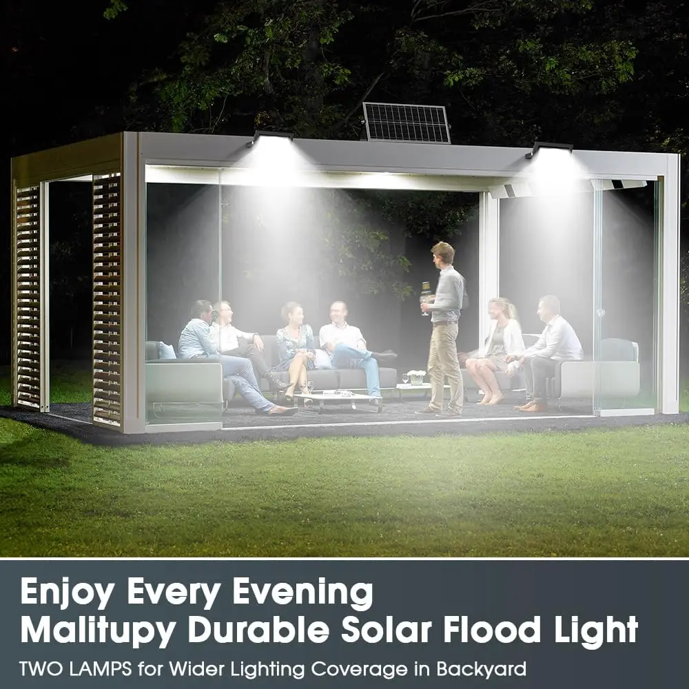 Solar Flood Lights Indoor Outdoor (2 Pack), Aluminum 6000K Waterproof with On/Off Switch & Remote for Patio, Path, Pool